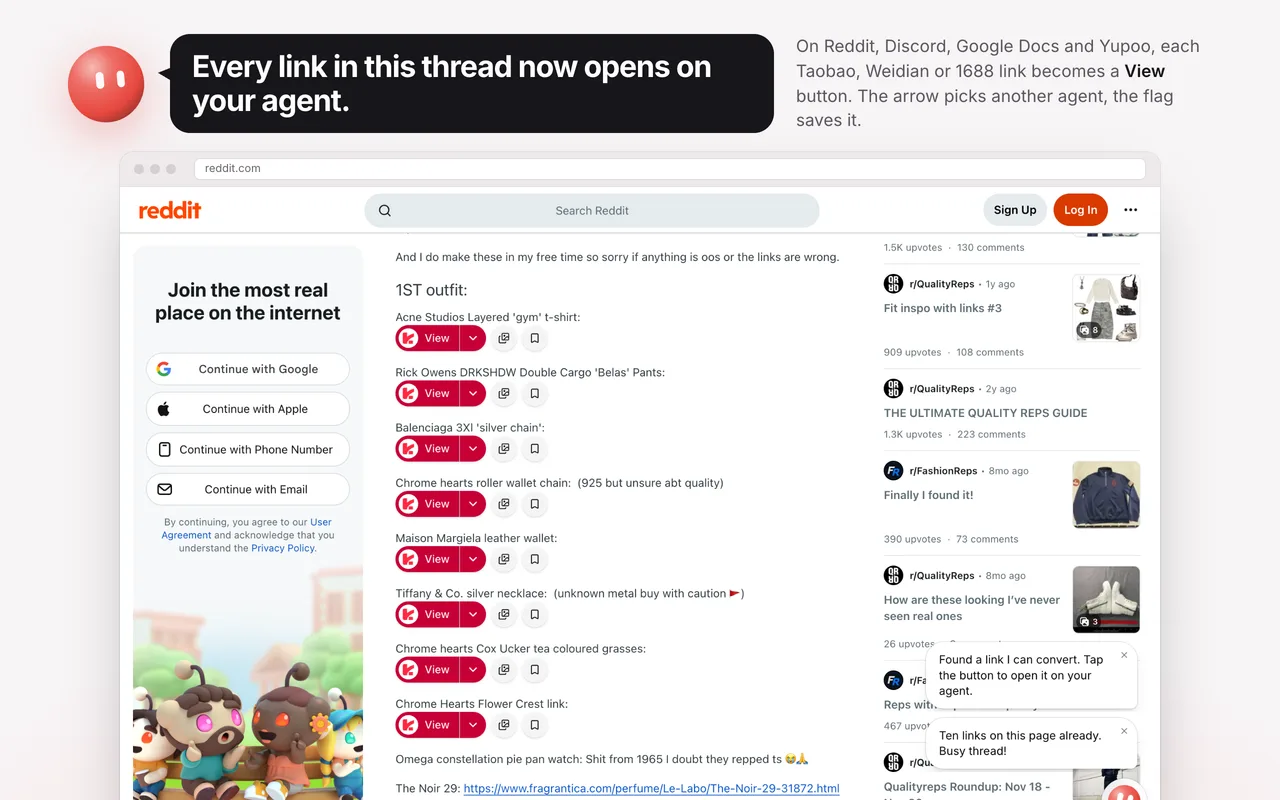 Reddit thread where every product link has a View button from the extension
