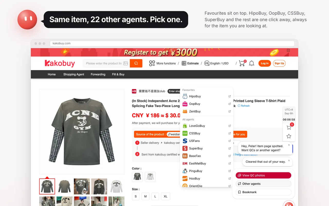 Extension menu on a KakoBuy item with View QC photos and a list of other agents