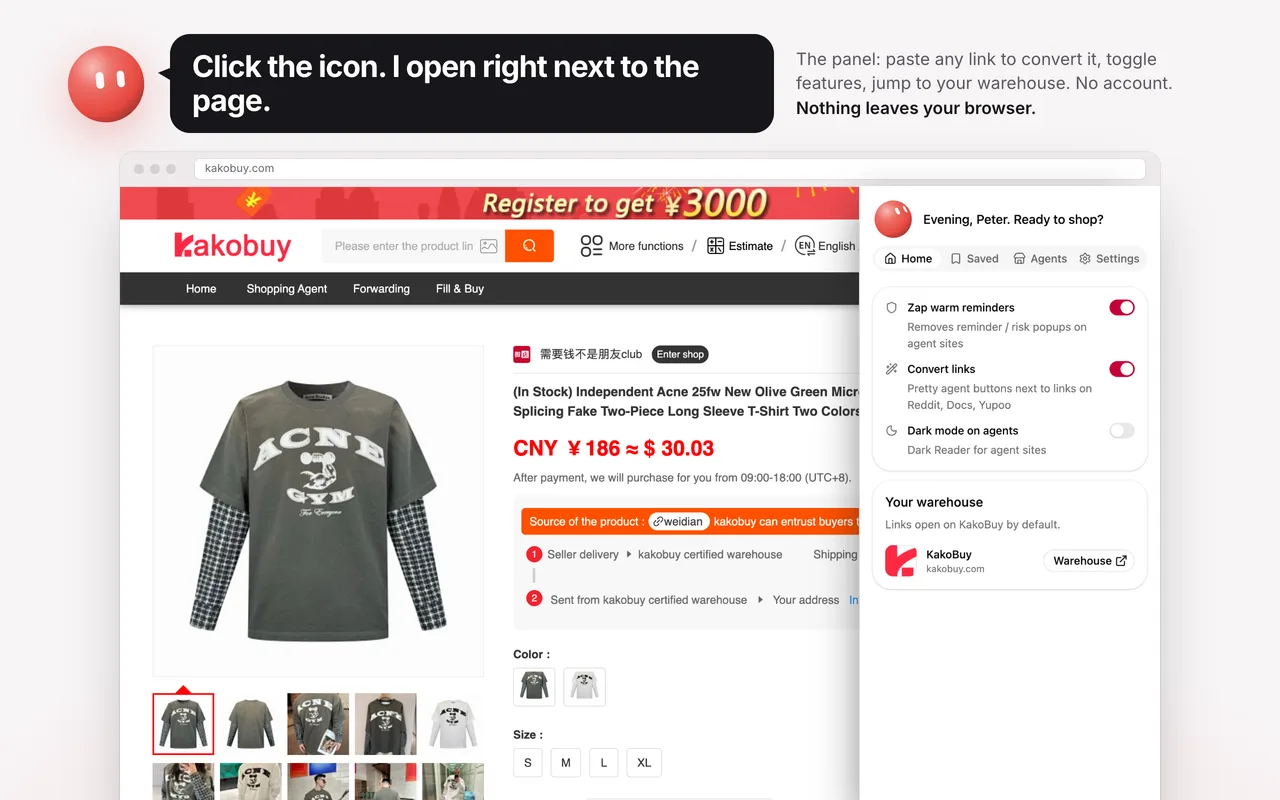 Extension side panel next to a KakoBuy item page