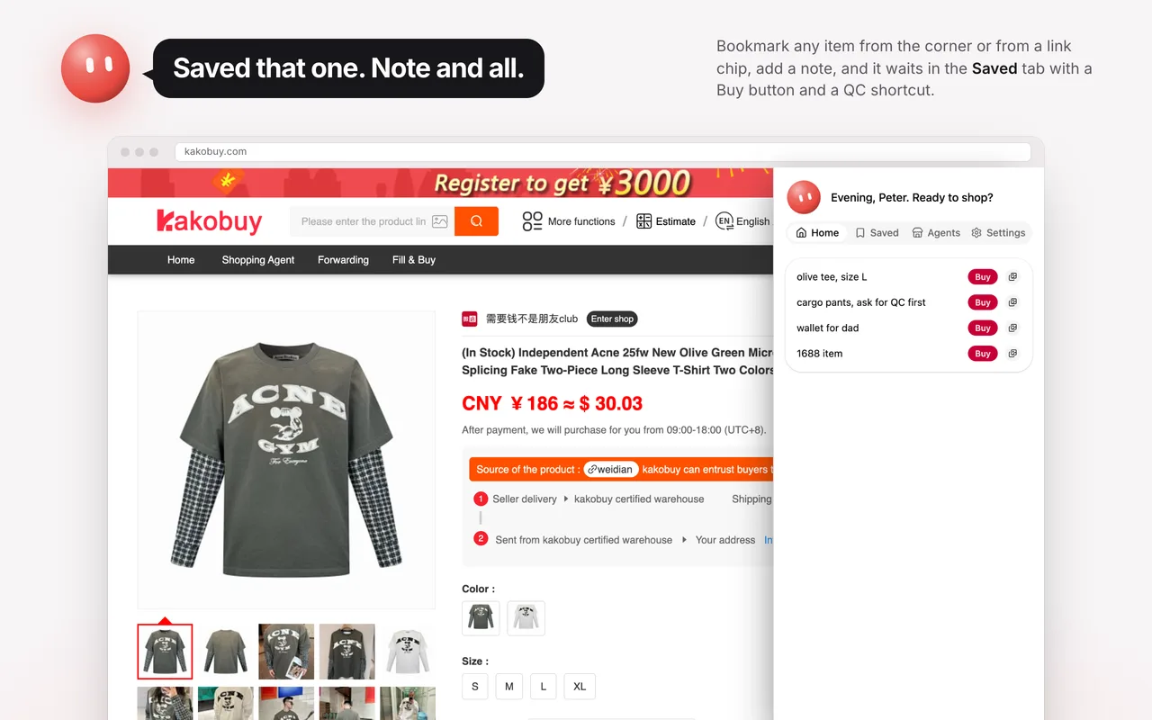 Saved tab in the extension side panel with notes and Buy buttons