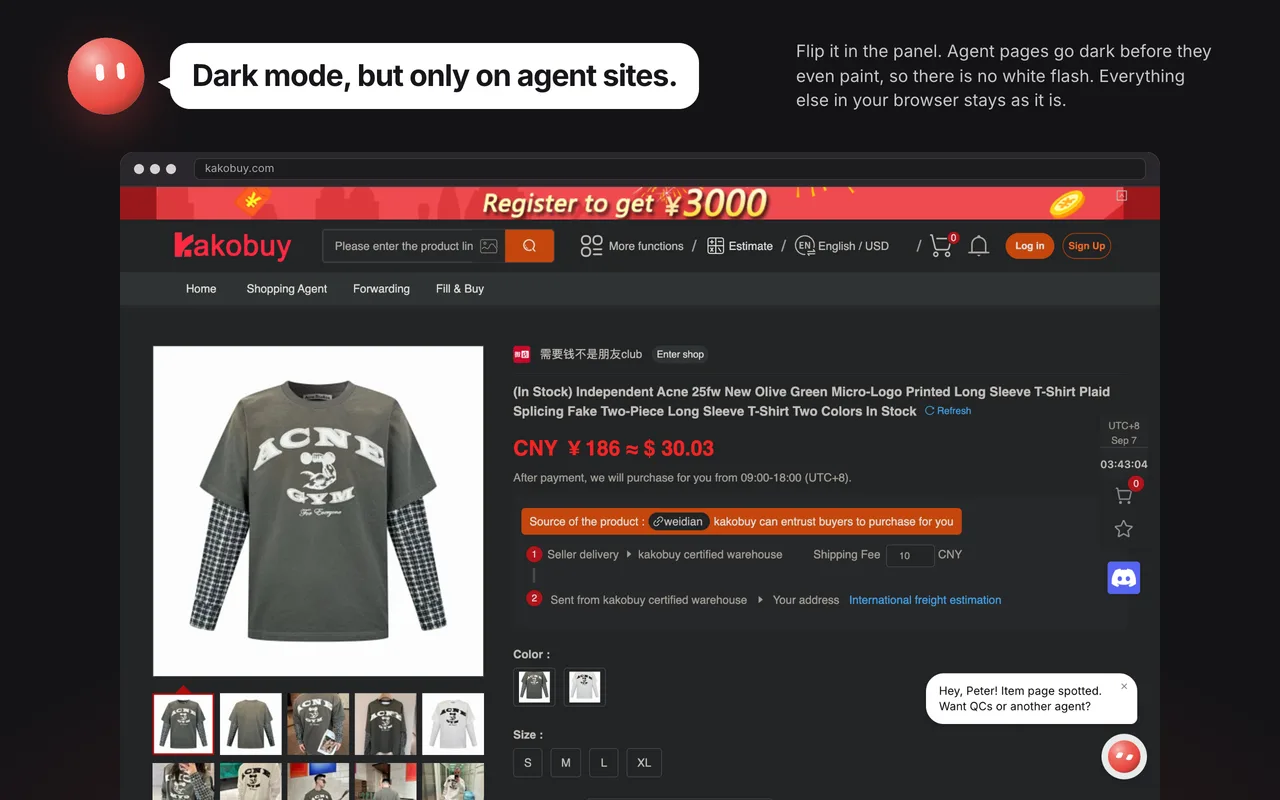 KakoBuy item page in the extension's dark mode