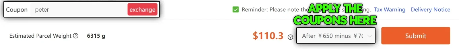 KakoBuy shipping checkout with the code peter in the coupon field